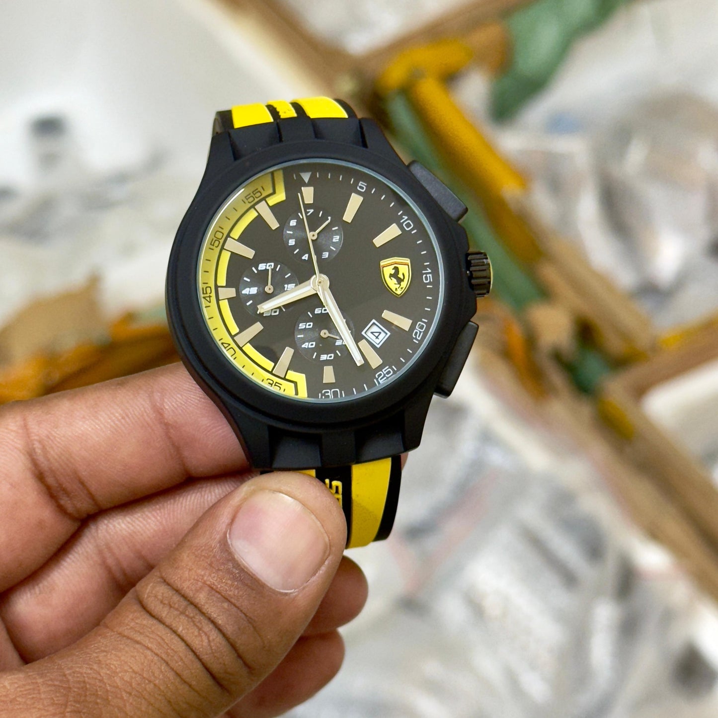 Scuderia Ferrari Men's Chronograph Watch – Black Dial Yellow Silicone Strap