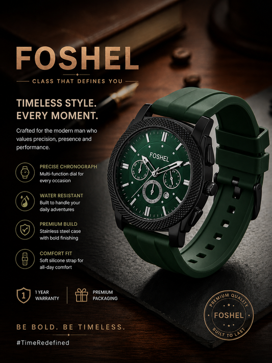 Foshel Rose Gold Chronograph Men’s Watch – Textured Bezel with Black Silicone Strap