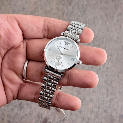 Emporio Armani Silver Tone Women's Watch – Elegant Roman Dial Stainless Steel Watch
