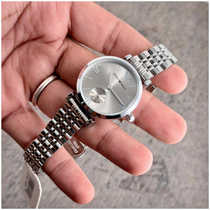 Emporio Armani Silver Tone Women's Watch – Elegant Roman Dial Stainless Steel Watch