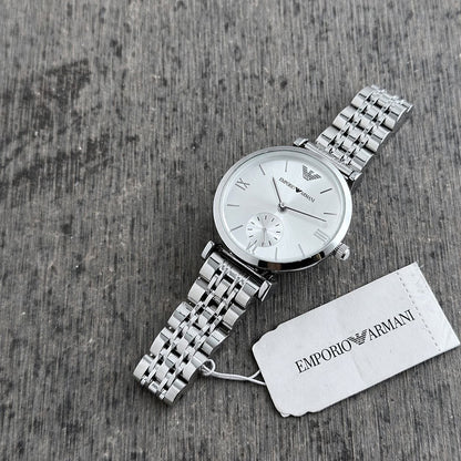 Emporio Armani Silver Tone Women's Watch – Elegant Roman Dial Stainless Steel Watch