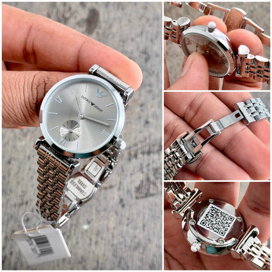 Emporio Armani Silver Tone Women's Watch – Elegant Roman Dial Stainless Steel Watch