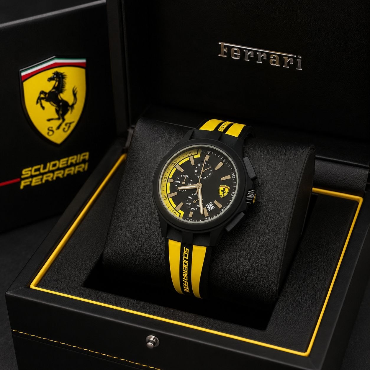 Scuderia Ferrari Men's Chronograph Watch – Black Dial Yellow Silicone Strap