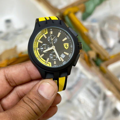 Scuderia Ferrari Men's Chronograph Watch – Black Dial Yellow Silicone Strap