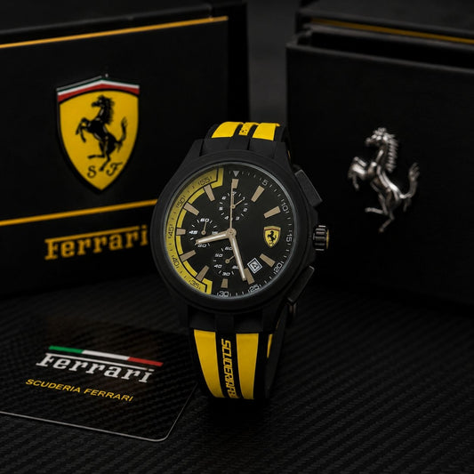 Scuderia Ferrari Men's Chronograph Watch – Black Dial Yellow Silicone Strap