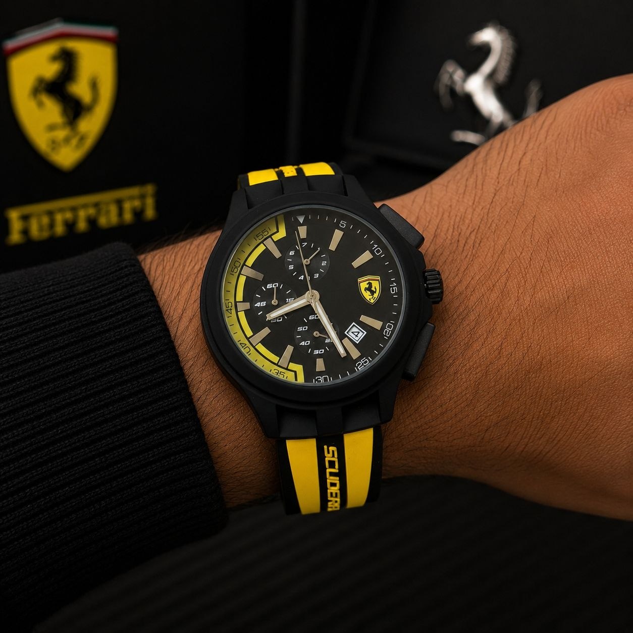 Scuderia Ferrari Men's Chronograph Watch – Black Dial Yellow Silicone Strap