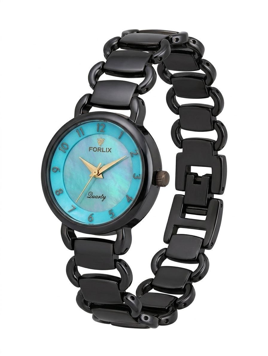 Forlix Black Bracelet Women's Watch with Turquoise Dial