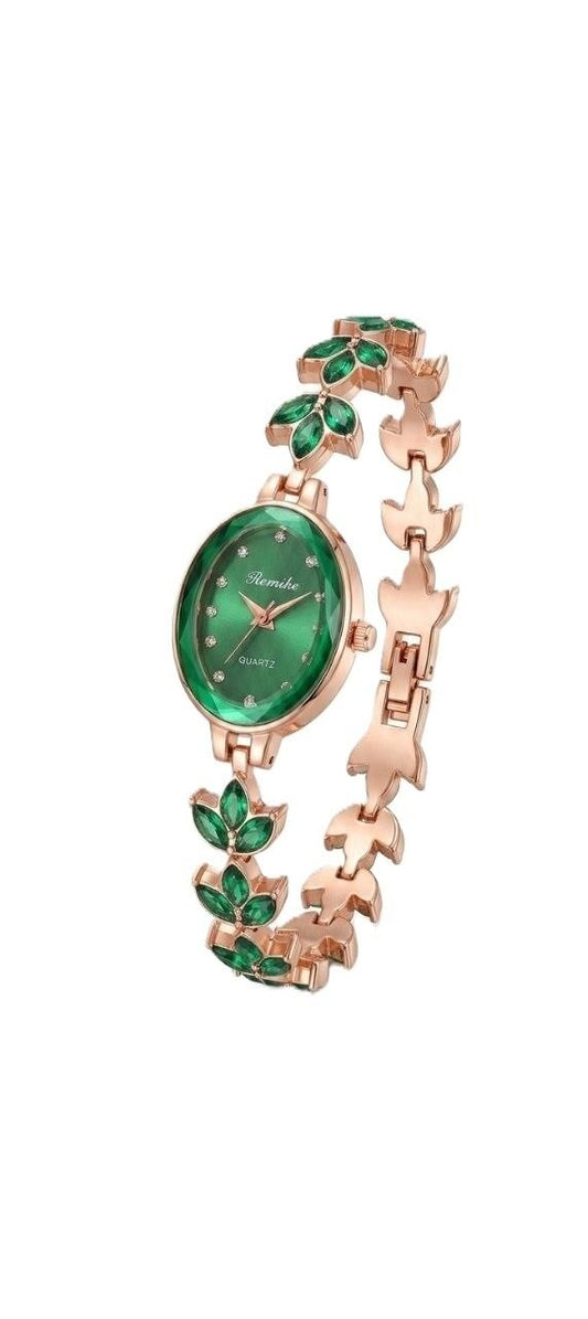 Elegant Green Crystal Rose Gold Women's Bracelet Watch – Luxury Quartz Analog Watch for Ladies