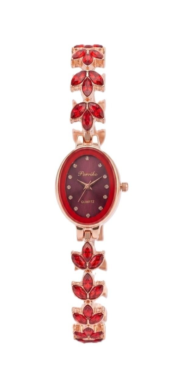 Elegant Red Crystal Rose Gold Women's Bracelet Watch – Quartz Analog Wrist Watch for Ladies
