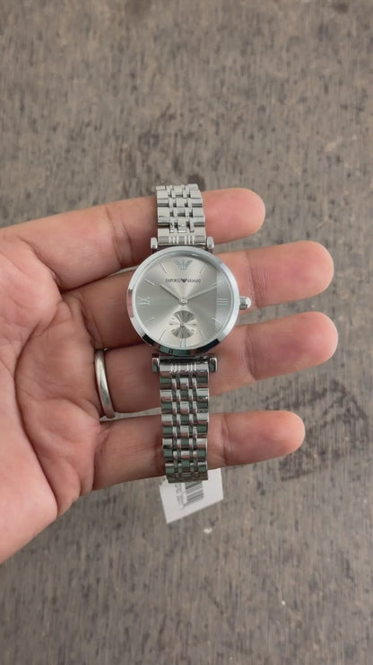 Emporio Armani Silver Tone Women's Watch – Elegant Roman Dial Stainless Steel Watch