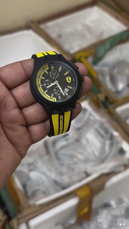 Scuderia Ferrari Men's Chronograph Watch – Black Dial Yellow Silicone Strap