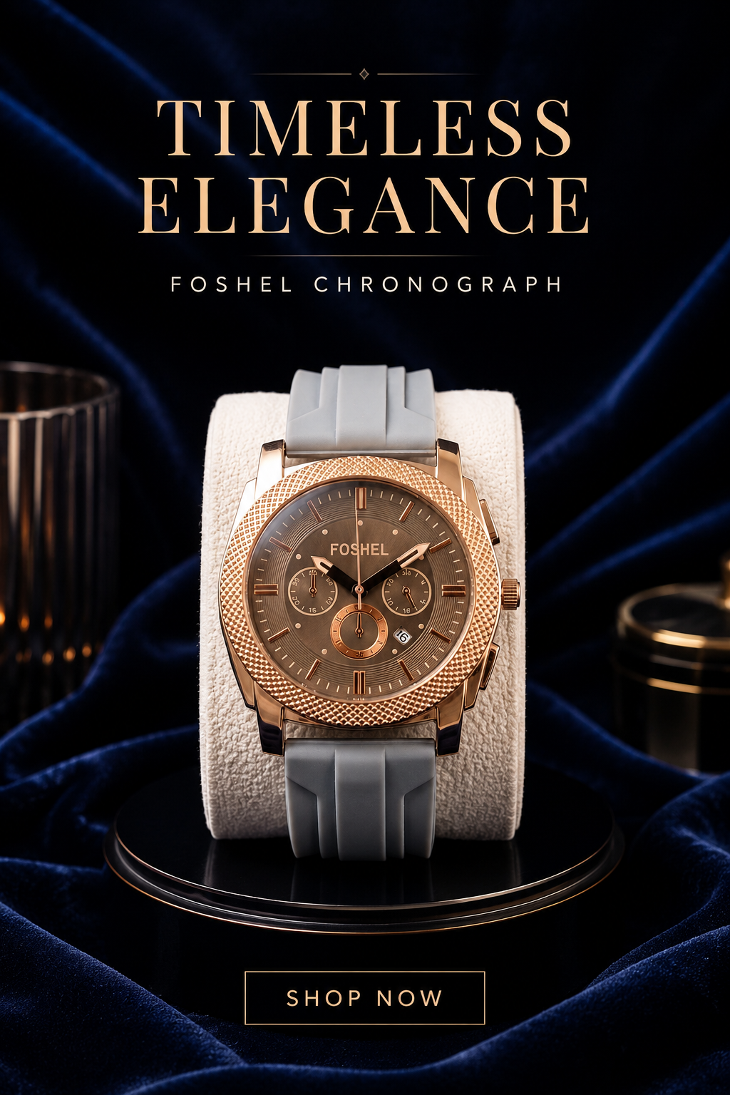 Foshel Rose Gold Chronograph Men’s Watch – Textured Bezel with Black Silicone Strap