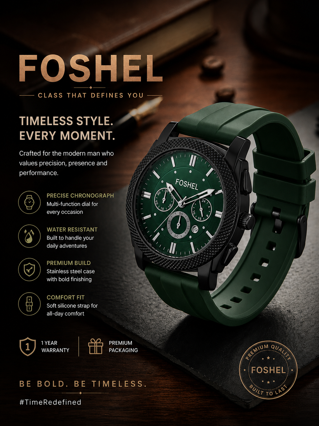 Foshel Rose Gold Chronograph Men’s Watch – Textured Bezel with Black Silicone Strap