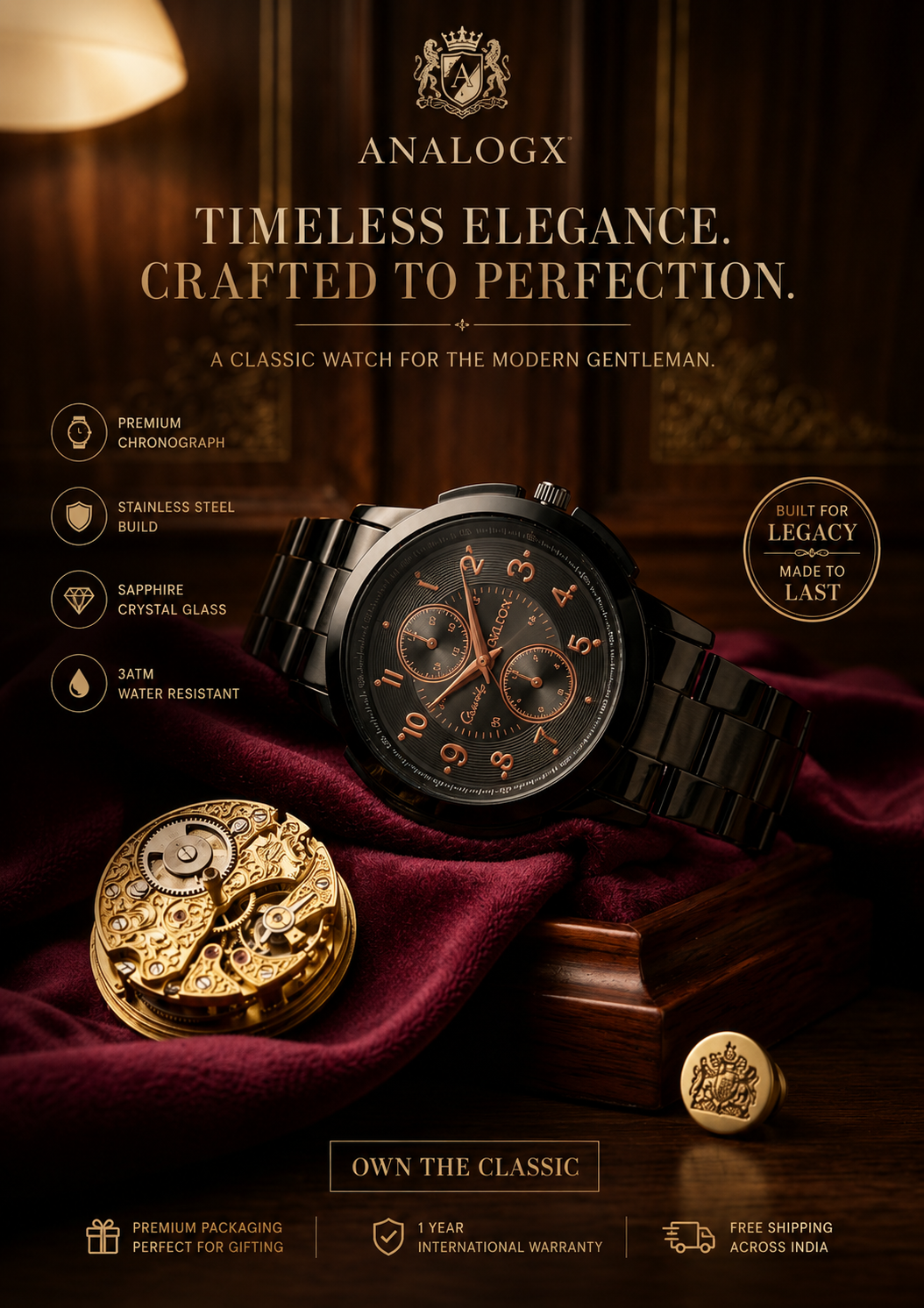 Analogx Chronograph Men’s Watch – Black Stainless Steel with Sapphire Crystal Glass