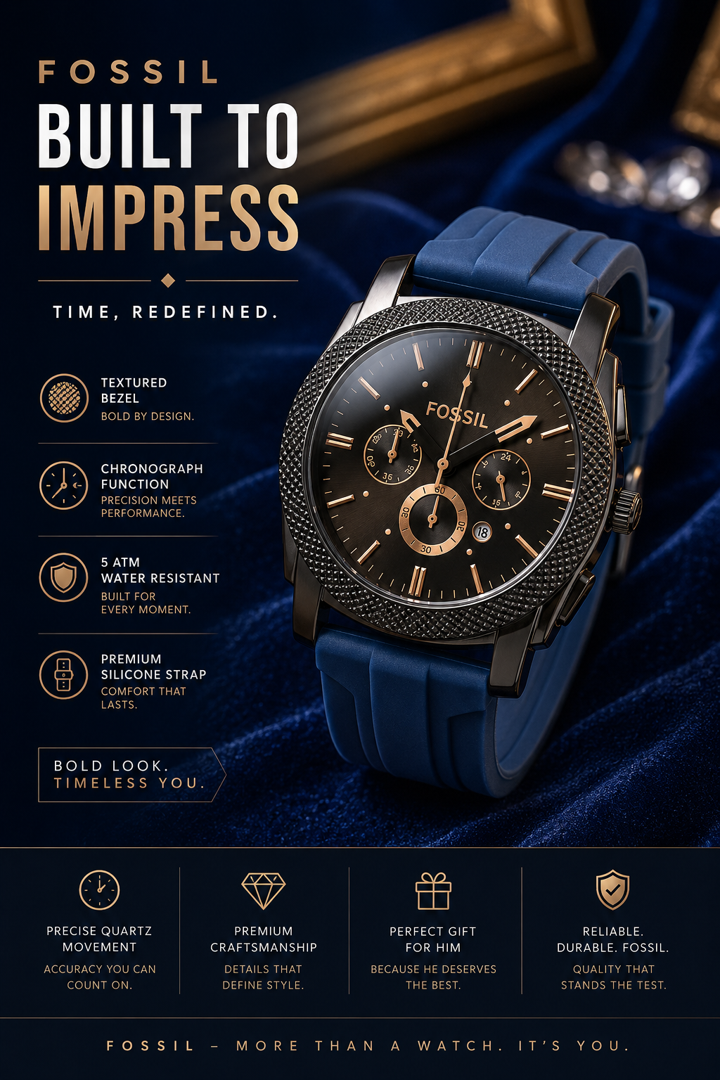 Foshel Rose Gold Chronograph Men’s Watch – Textured Bezel with Black Silicone Strap