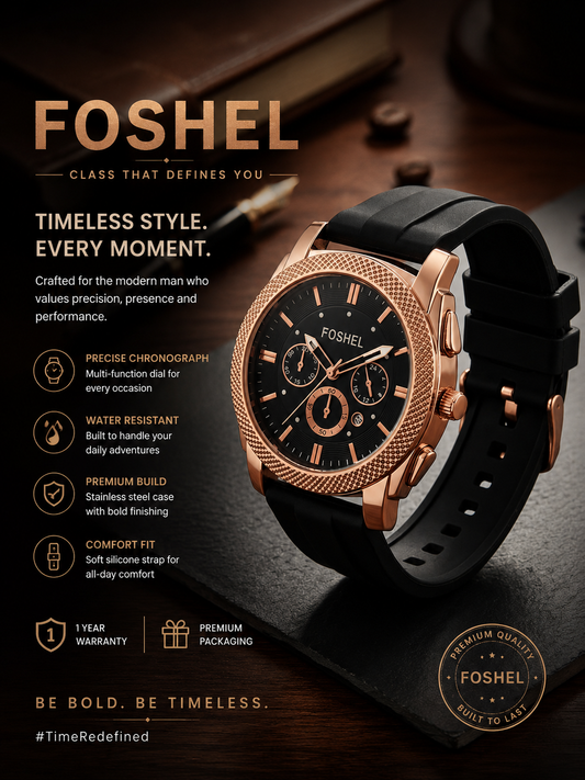 Foshel Rose Gold Chronograph Men’s Watch – Textured Bezel with Black Silicone Strap